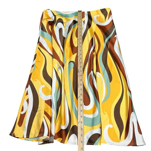 NWT Bar III Skirt Sz 12 Retro Satin Swirl Midi Skirt Yellow Brown Teal Abstract - Picture 8 of 9